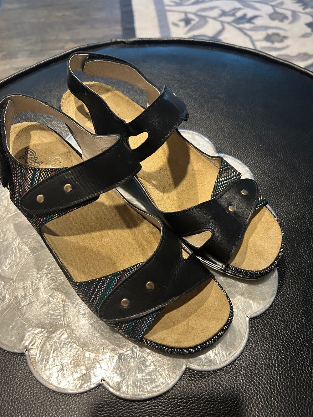 Portofino Black Leather Sandals with Multicolor Woven Accents